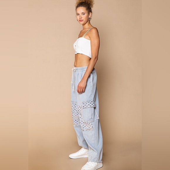 POL Adorable Baggy Denim Jeans Draw-string Slouchy Pants Sequins NEW - Picture 5 of 6